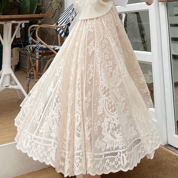 Lace skirt cream beige womens summer spring long skirt floral - Picture 11 of 13